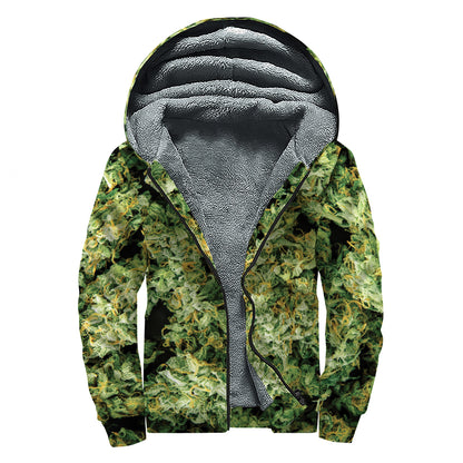 Green Weed Print Sherpa Lined Zip Up Hoodie