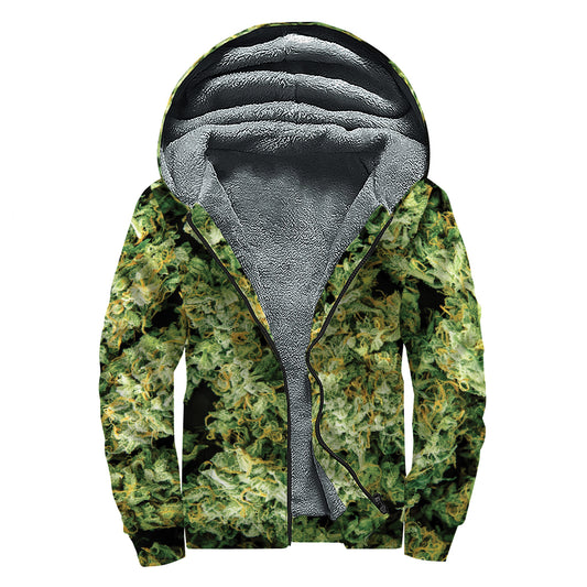 Green Weed Print Sherpa Lined Zip Up Hoodie