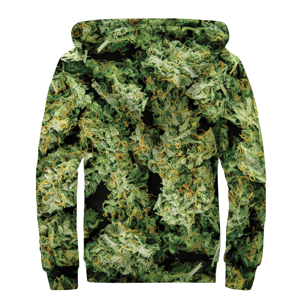 Green Weed Print Sherpa Lined Zip Up Hoodie