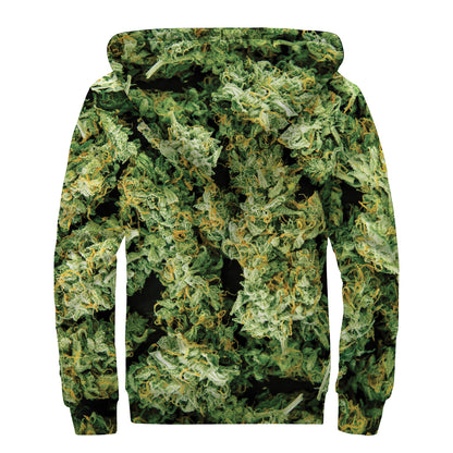 Green Weed Print Sherpa Lined Zip Up Hoodie