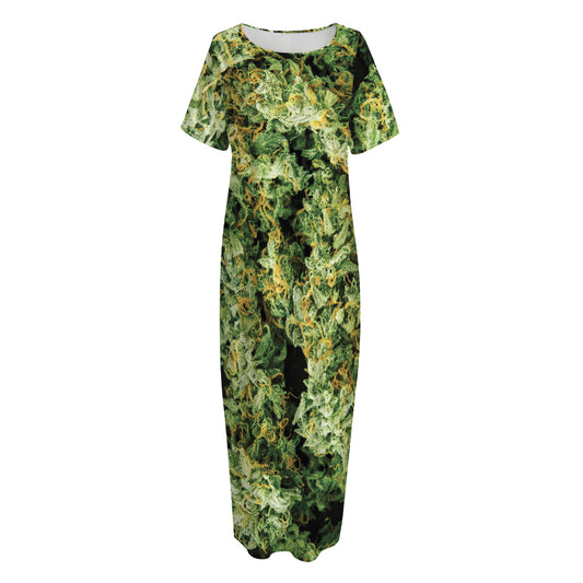 Green Weed Print Short Sleeve Long Nightdress
