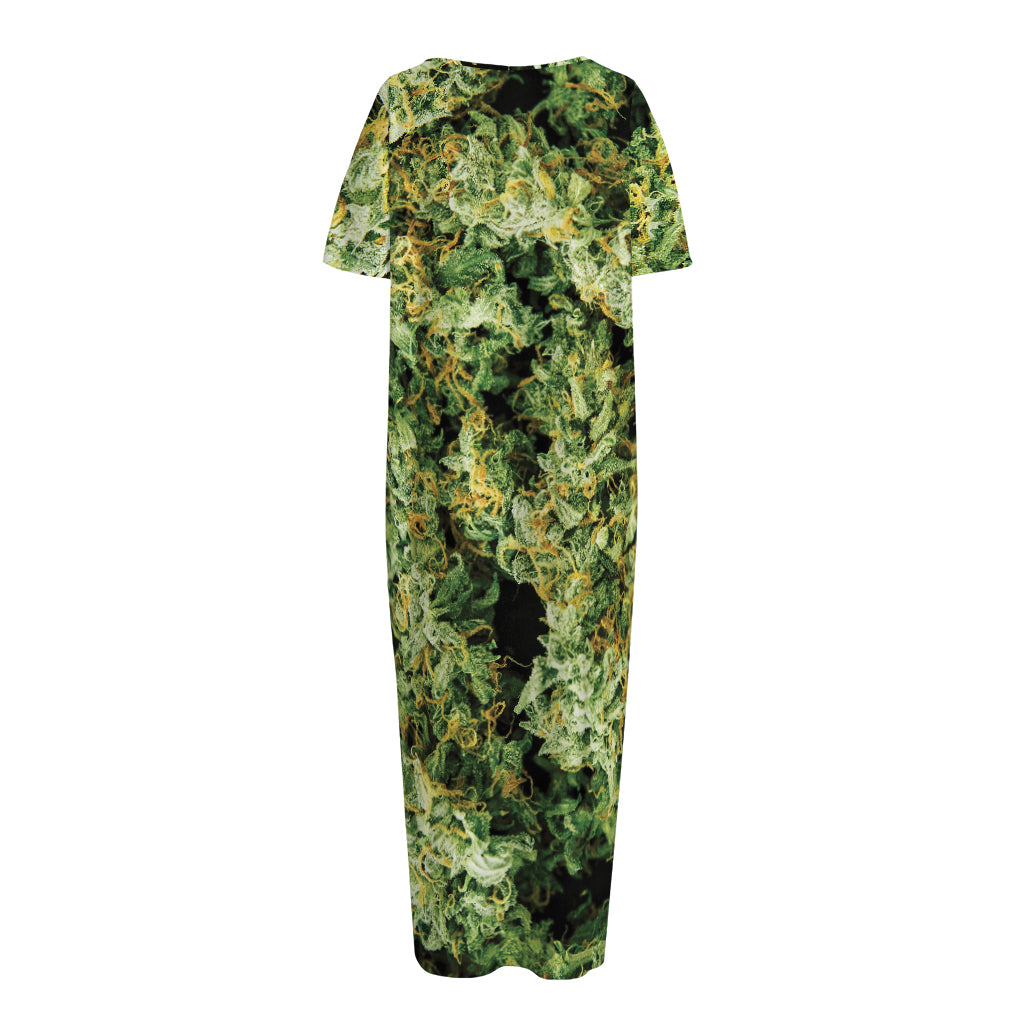 Green Weed Print Short Sleeve Long Nightdress