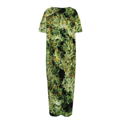 Green Weed Print Short Sleeve Long Nightdress