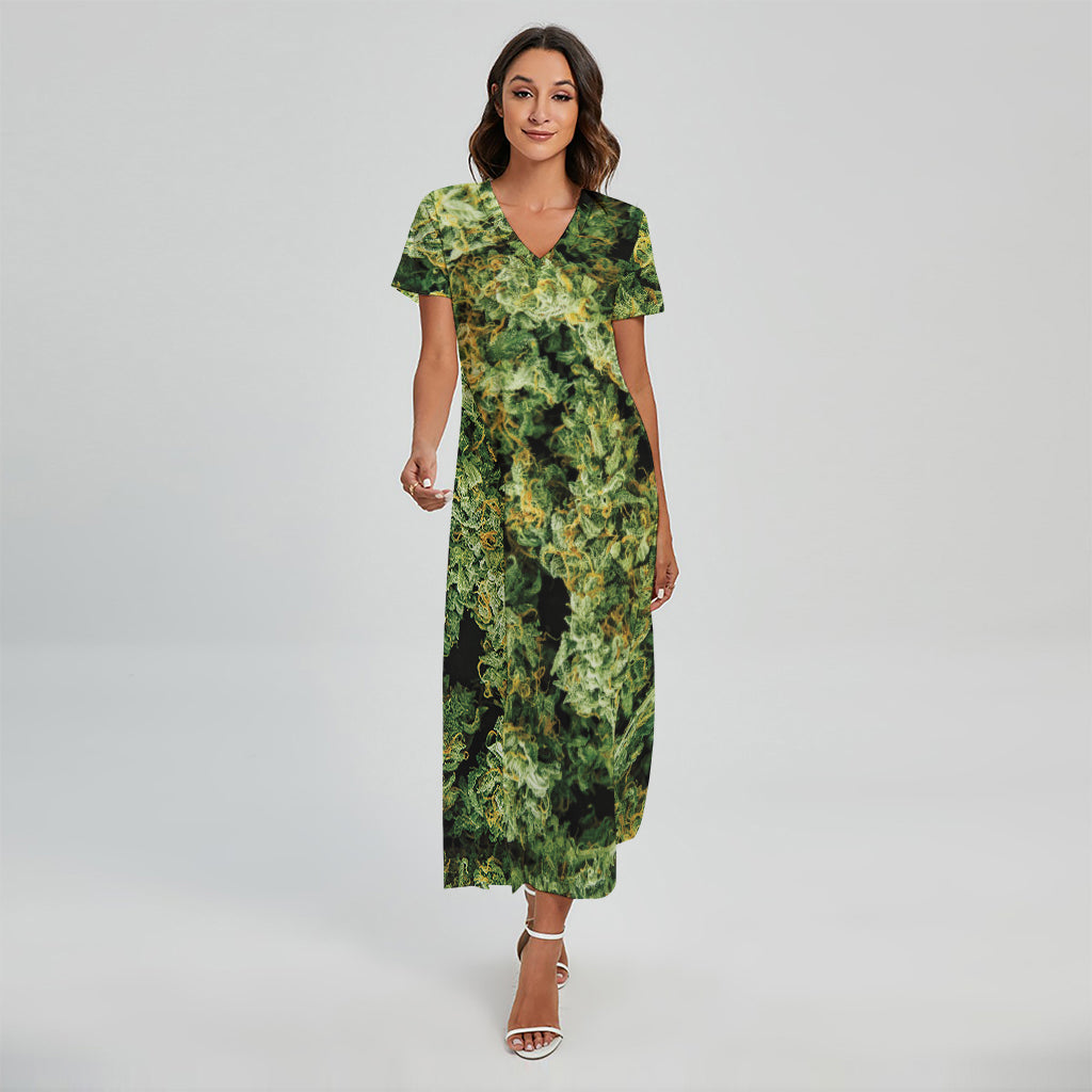 Green Weed Print Short Sleeve Maxi Dress
