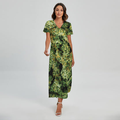 Green Weed Print Short Sleeve Maxi Dress