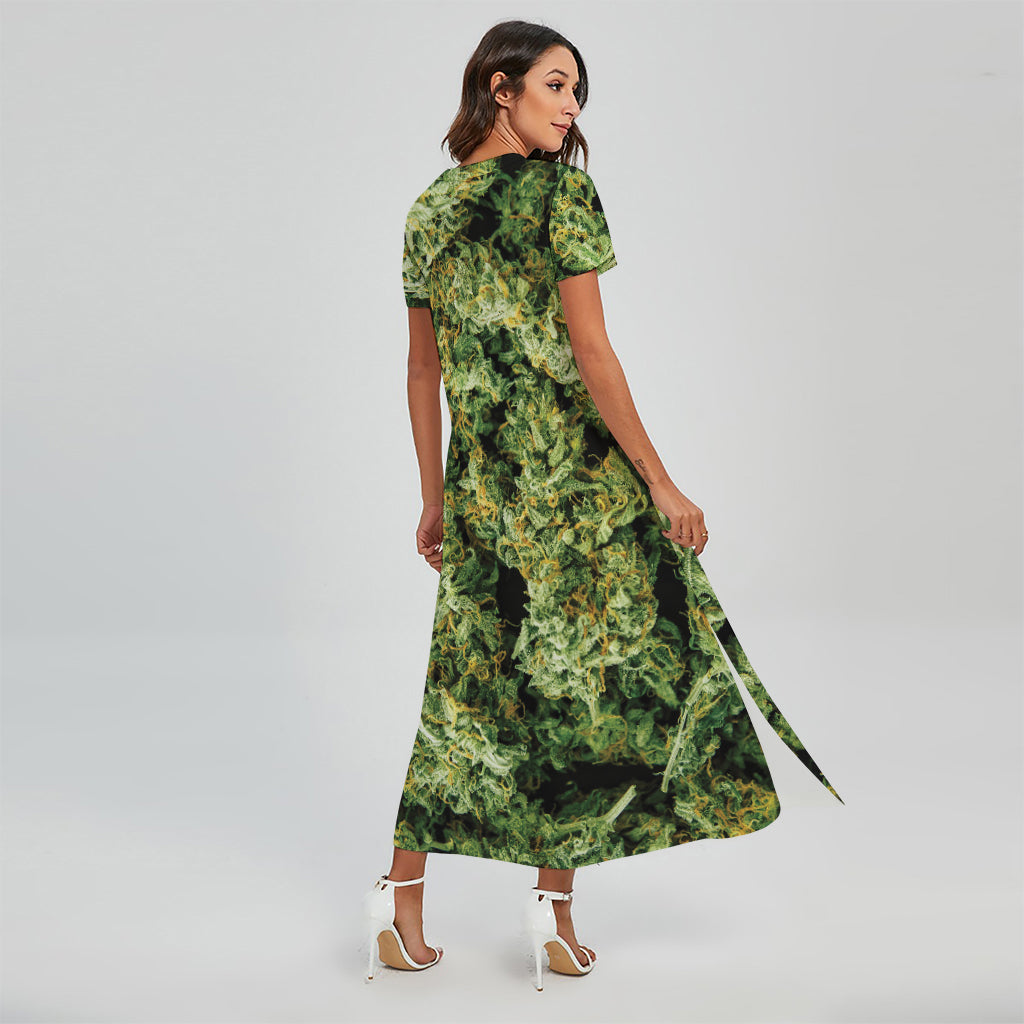 Green Weed Print Short Sleeve Maxi Dress