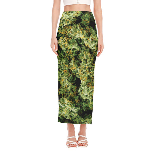 Green Weed Print Side Slit Maxi Skirt