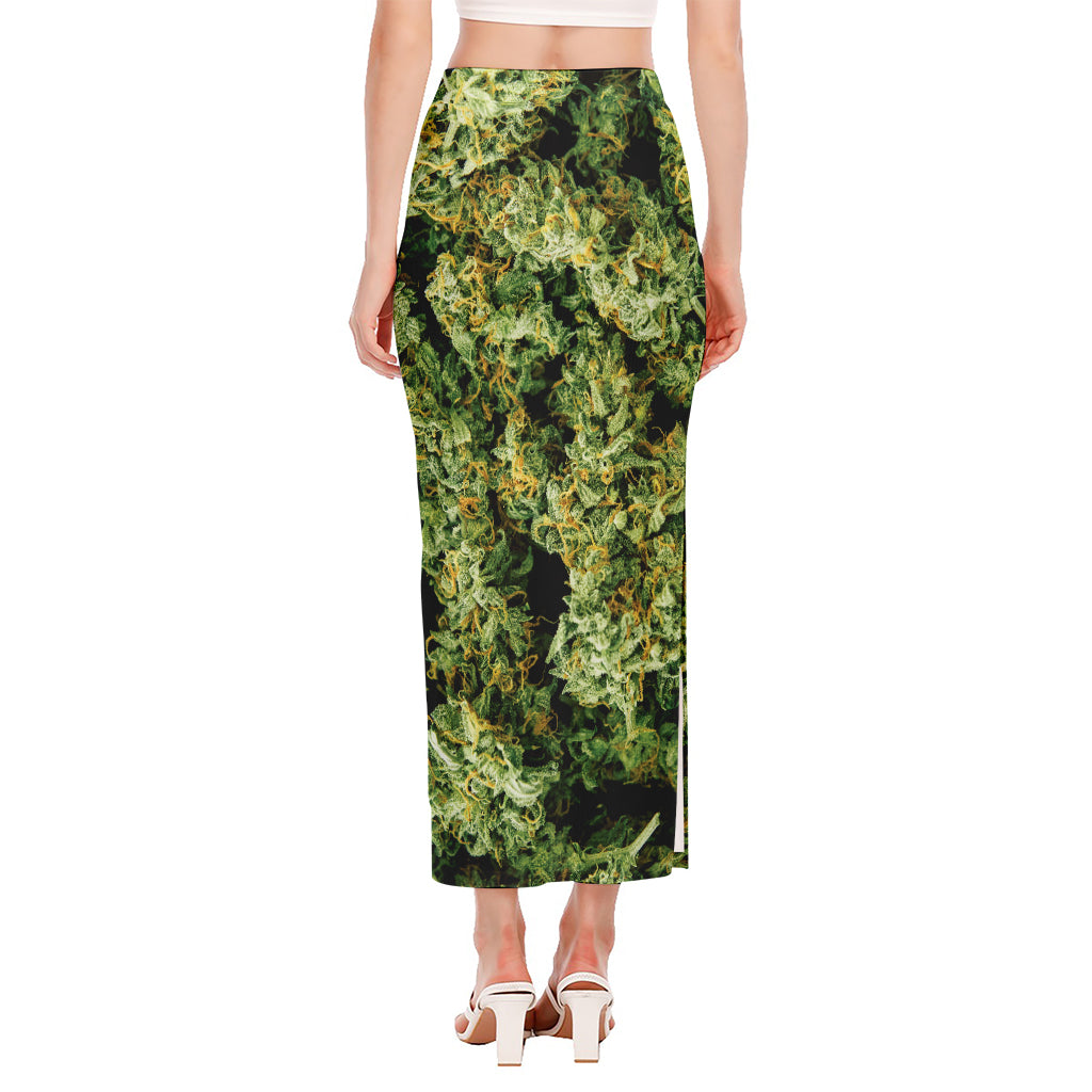 Green Weed Print Side Slit Maxi Skirt