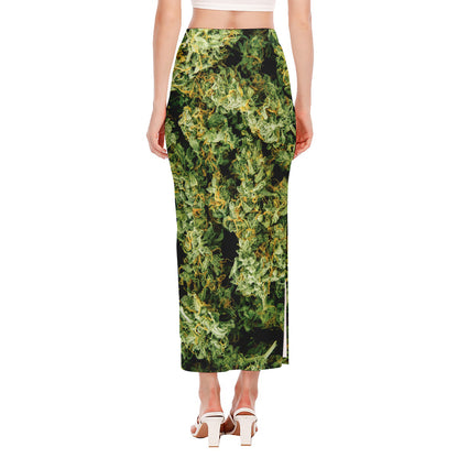 Green Weed Print Side Slit Maxi Skirt