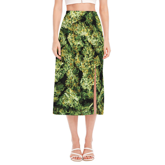 Green Weed Print Side Slit Midi Skirt