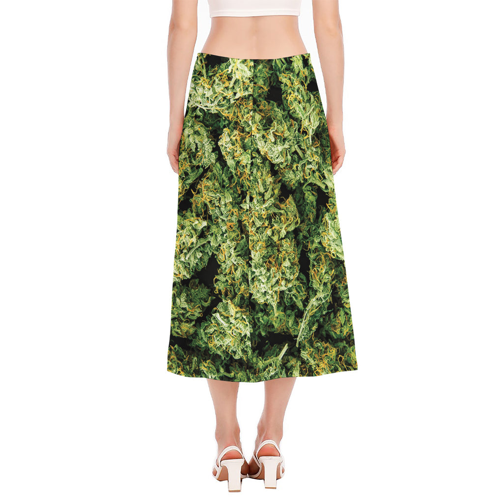 Green Weed Print Side Slit Midi Skirt