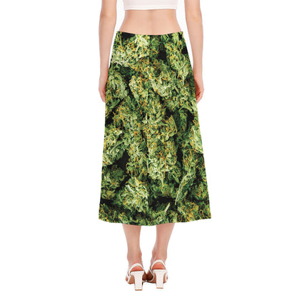 Green Weed Print Side Slit Midi Skirt