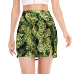 Green Weed Print Side Slit Mini Skirt