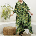 Green Weed Print Silk V-Neck Kaftan Dress