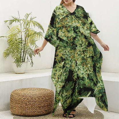 Green Weed Print Silk V-Neck Kaftan Dress