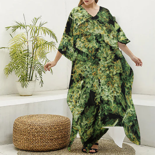Green Weed Print Silk V-Neck Kaftan Dress