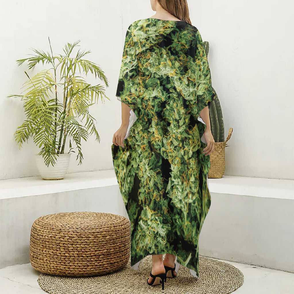 Green Weed Print Silk V-Neck Kaftan Dress