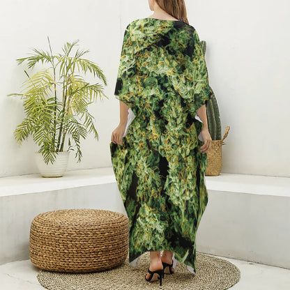 Green Weed Print Silk V-Neck Kaftan Dress