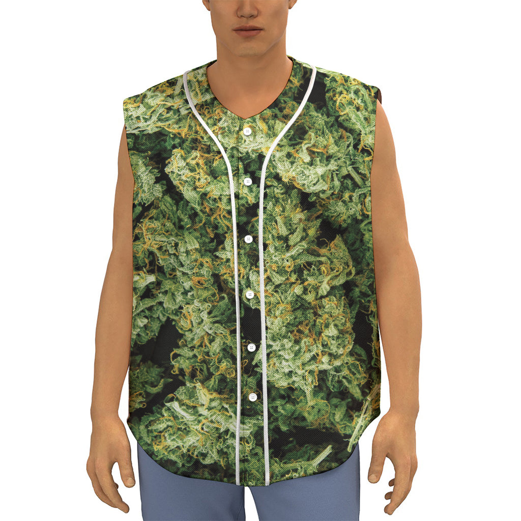 Green Weed Print Sleeveless Baseball Jersey