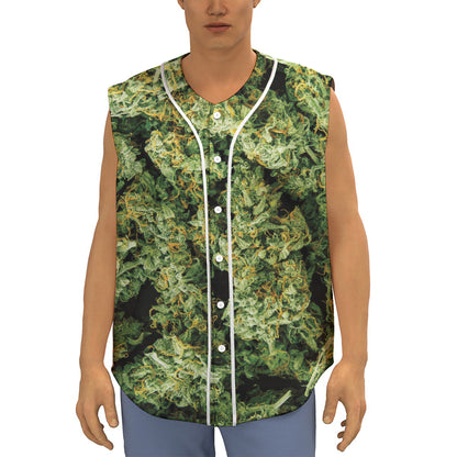 Green Weed Print Sleeveless Baseball Jersey