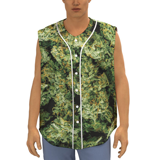 Green Weed Print Sleeveless Baseball Jersey