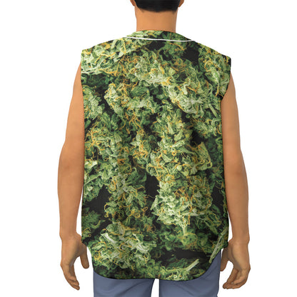Green Weed Print Sleeveless Baseball Jersey