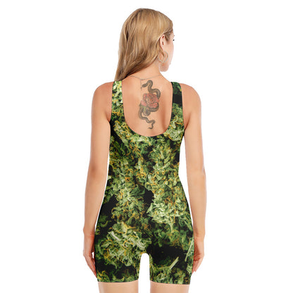 Green Weed Print Sleeveless One Piece Swimsuit