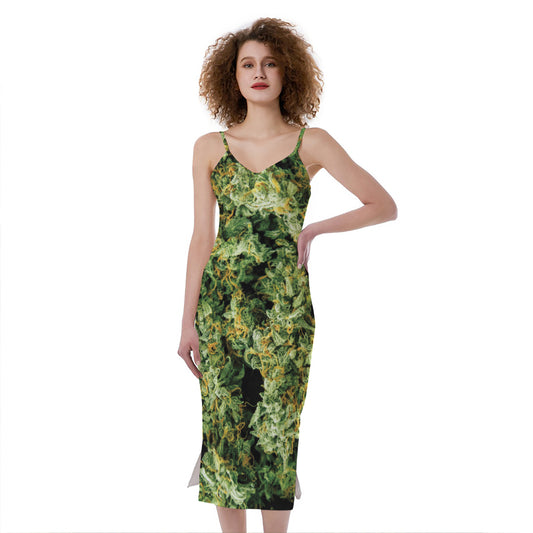 Green Weed Print Slim Fit Midi Cami Dress