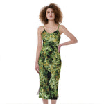 Green Weed Print Slim Fit Midi Cami Dress