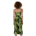 Green Weed Print Slim Fit Midi Cami Dress