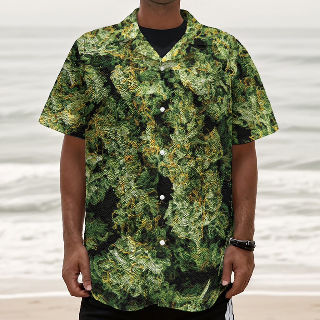 Green Weed Print Textured Short Sleeve Shirt