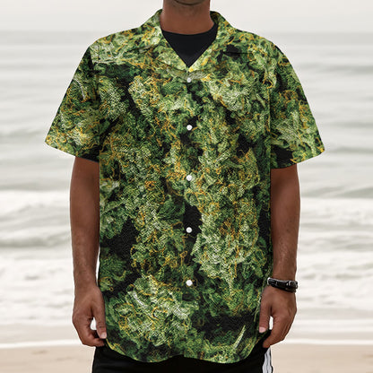 Green Weed Print Textured Short Sleeve Shirt