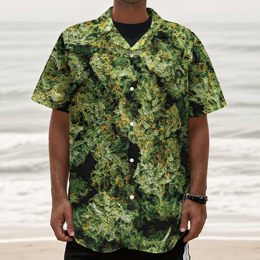 Green Weed Print Textured Short Sleeve Shirt