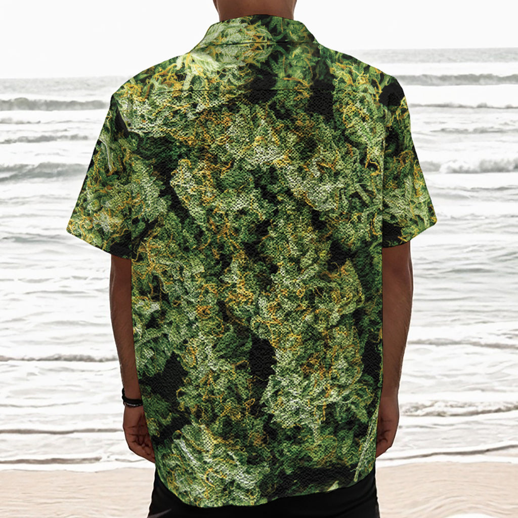 Green Weed Print Textured Short Sleeve Shirt