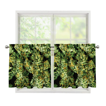 Green Weed Print Tier Curtains