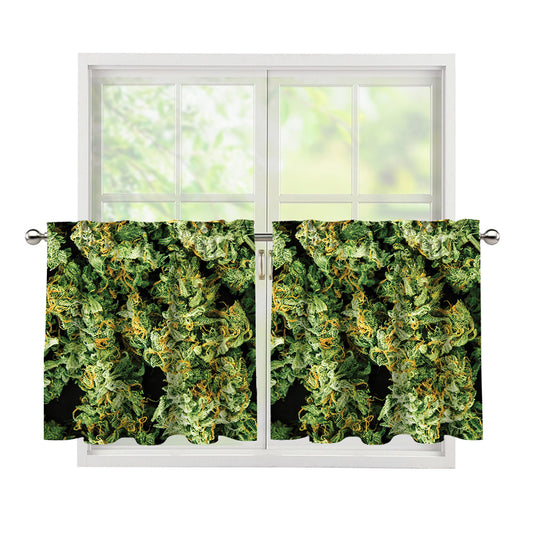 Green Weed Print Tier Curtains
