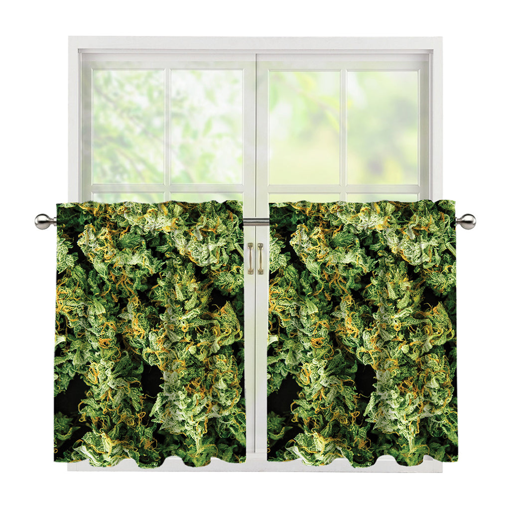 Green Weed Print Tier Curtains