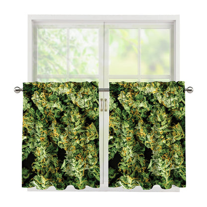 Green Weed Print Tier Curtains