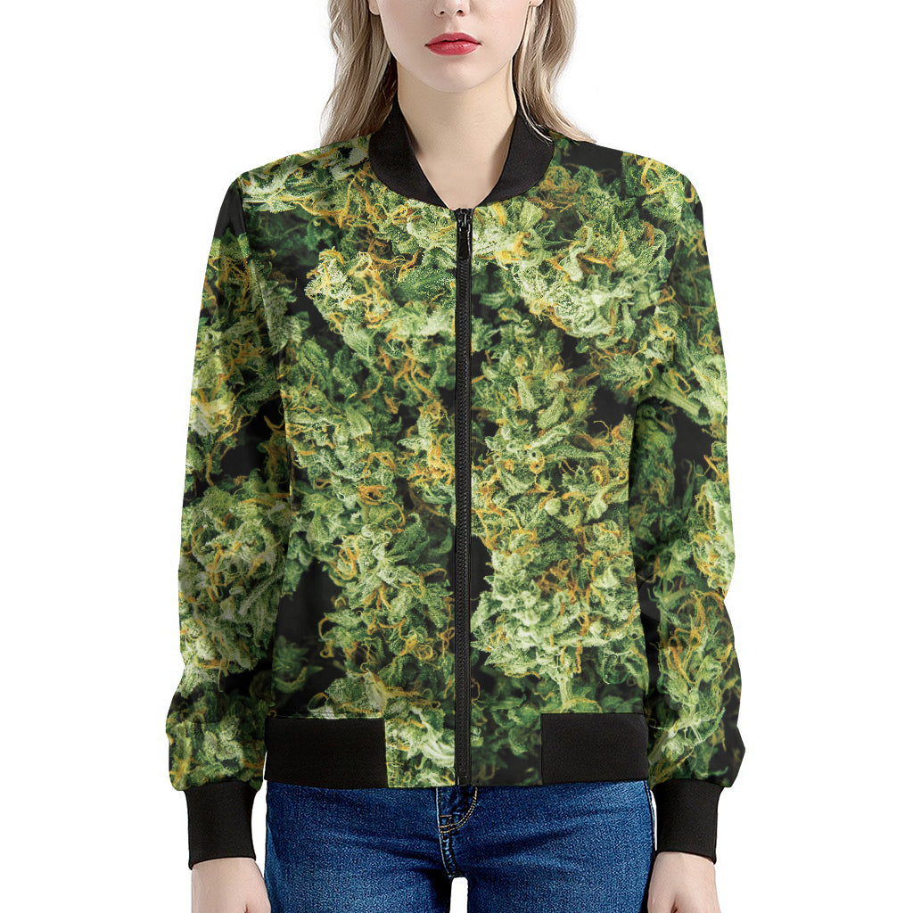 Green Weed Print Women's Bomber Jacket