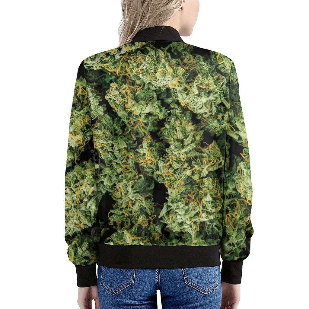 Green Weed Print Women's Bomber Jacket