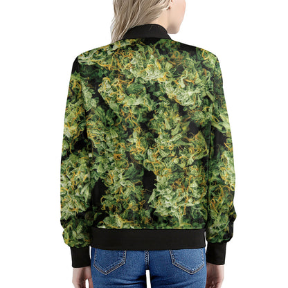 Green Weed Print Women's Bomber Jacket