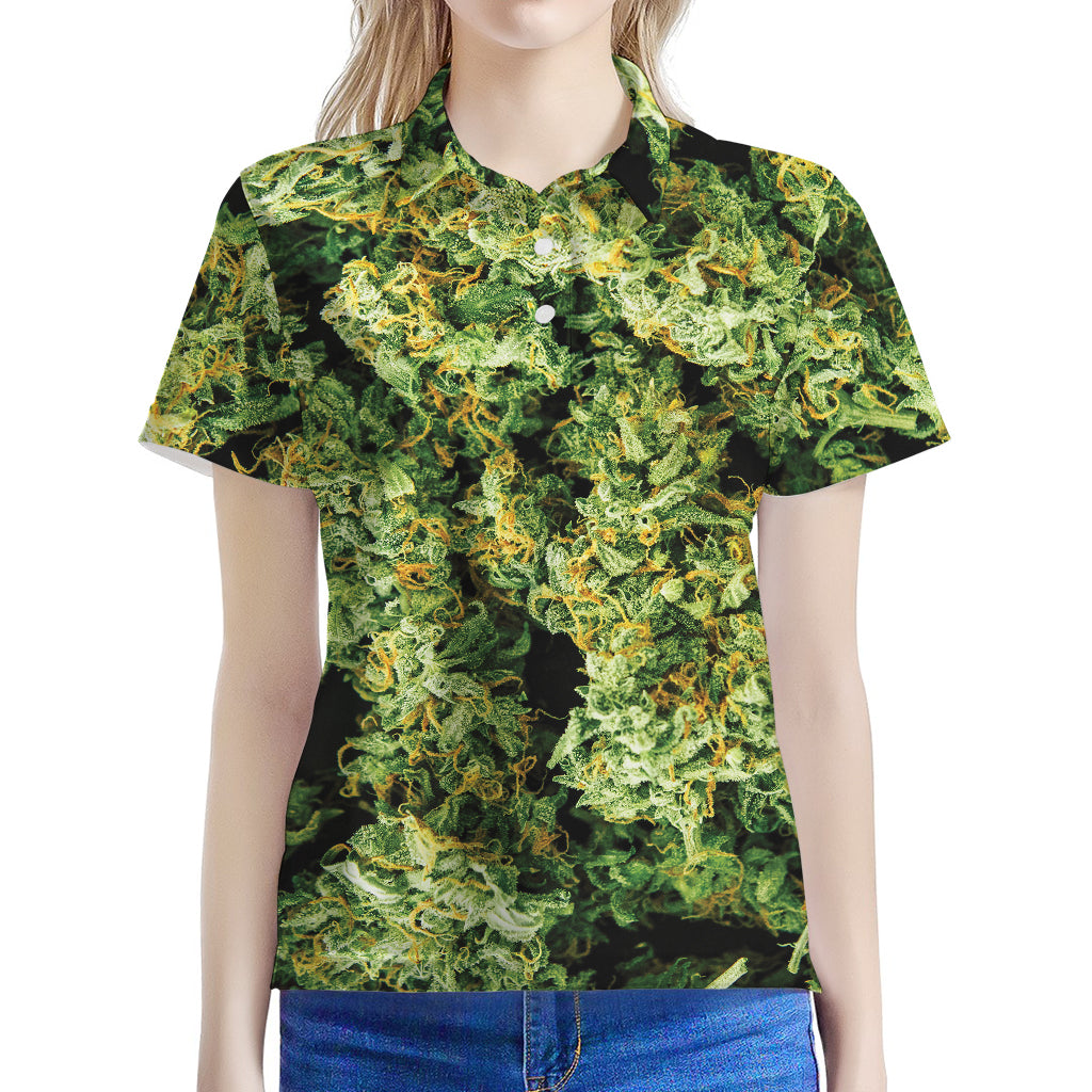 Green Weed Print Women's Polo Shirt