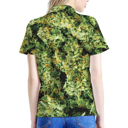 Green Weed Print Women's Polo Shirt