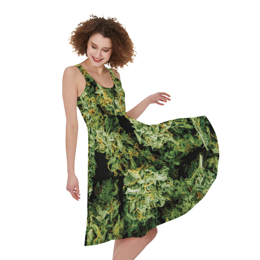 Green Weed Print Women's Sleeveless Dress