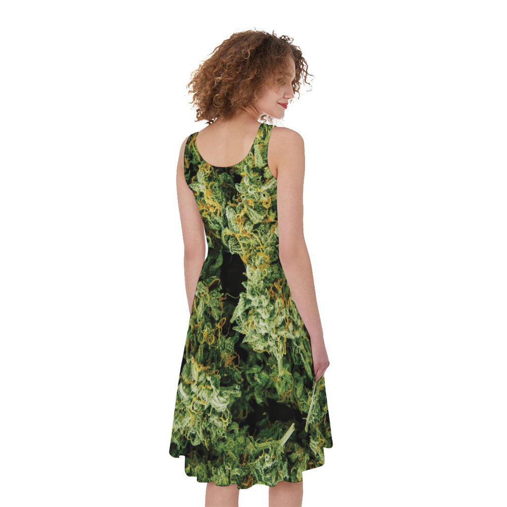 Green Weed Print Women's Sleeveless Dress