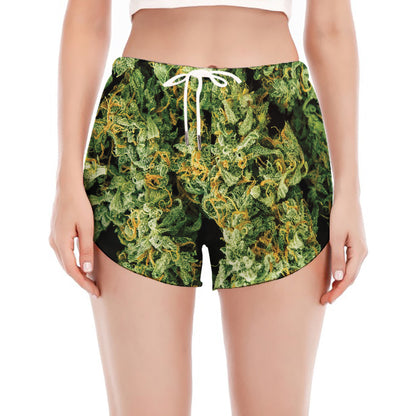Green Weed Print Women's Split Running Shorts