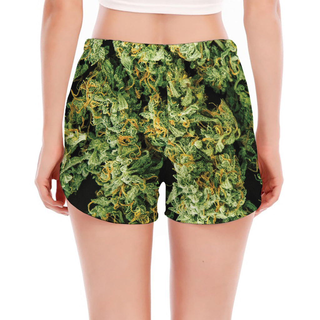 Green Weed Print Women's Split Running Shorts