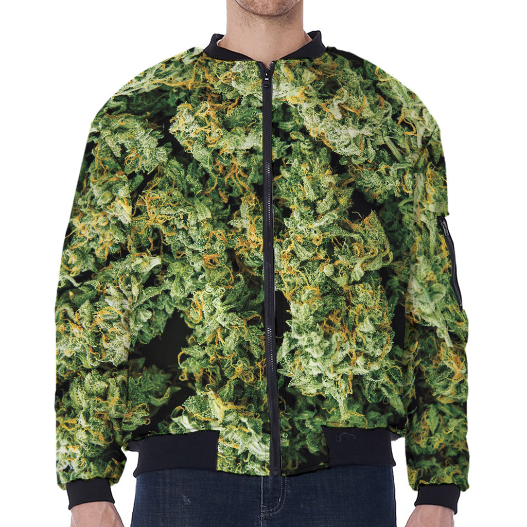 Green Weed Print Zip Sleeve Bomber Jacket