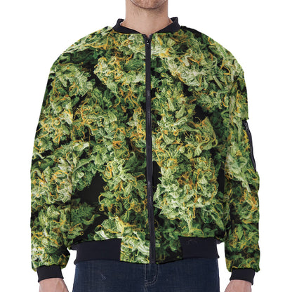 Green Weed Print Zip Sleeve Bomber Jacket