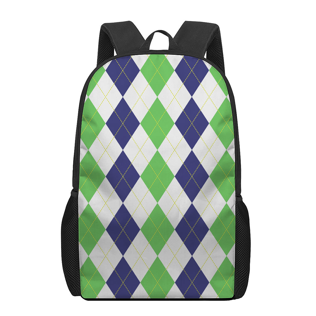 Green White And Navy Argyle Print 17 Inch Backpack
